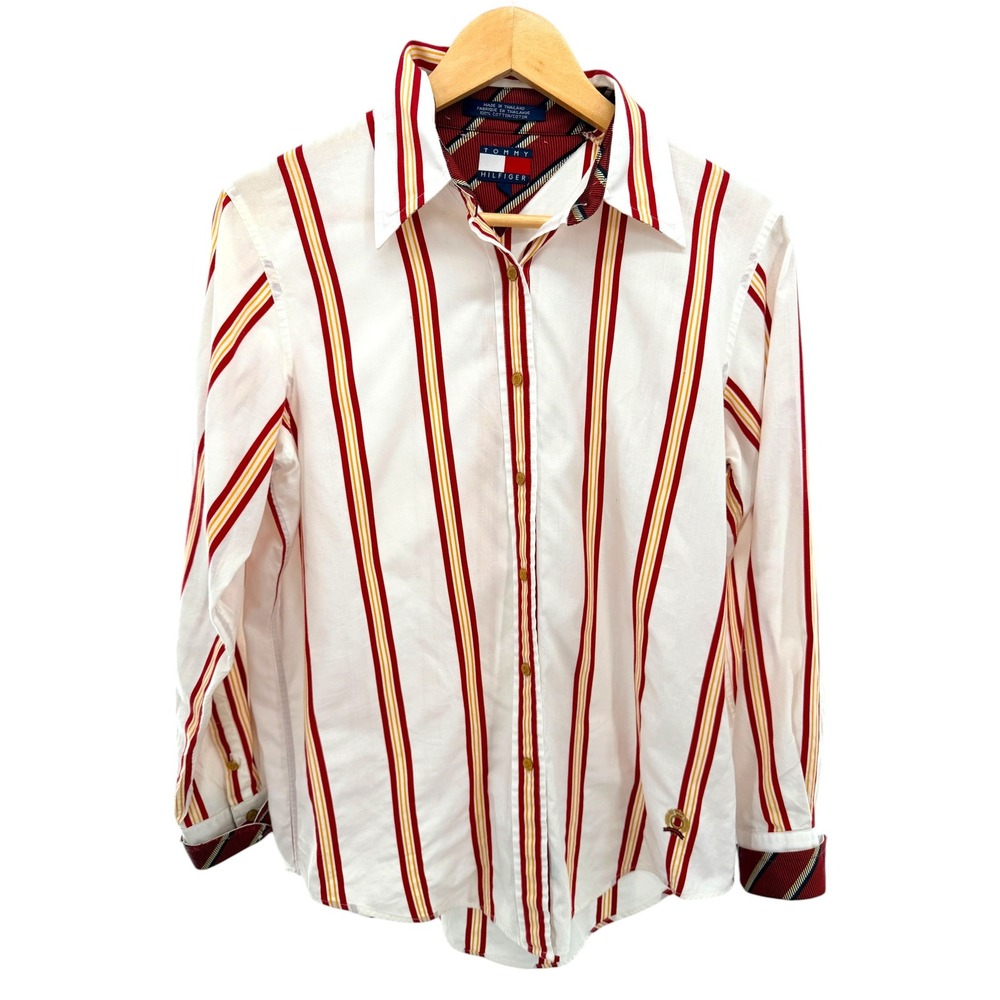 Vtg Tommy Hilfiger Women 8 Striped Button Down Shirt White Red Yellow Gold Crest